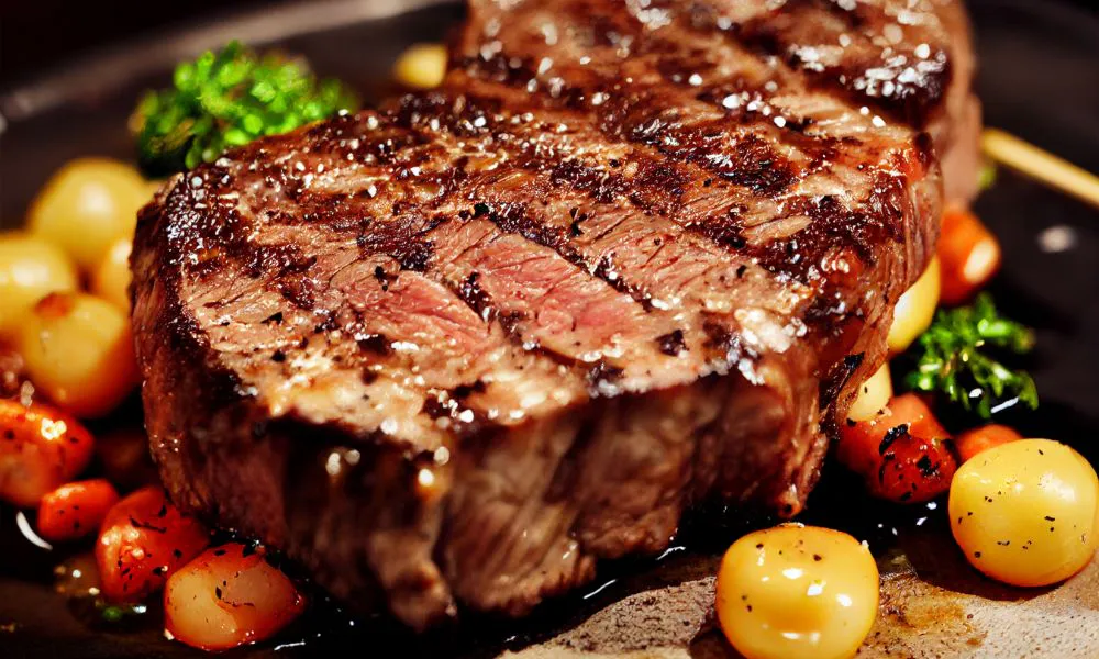 Thick grilled medium-rare beef steak with dark sear marks, served with roasted pearl onions, carrots and fresh herb garnish on dark stone plate